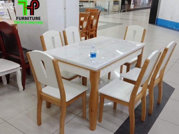 Bộ bàn ăn khung gỗ mặt đá